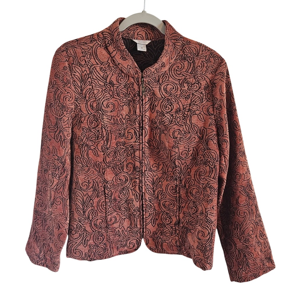 Christopher & Banks Women Terracotta Orange Scroll Floral Zip Front Jacket Med